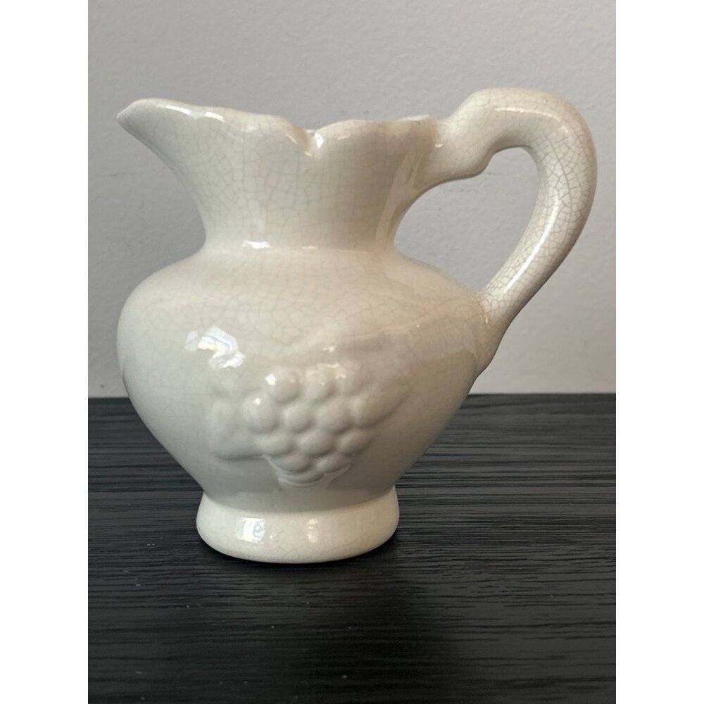 VTG Ceramic Pitcher/Jug Creamy White w/Grape Cluster Motif Quirky Kitchen Decor